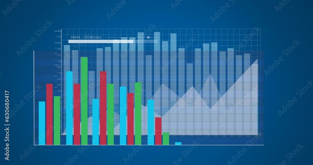 Animation of multiple graphs and loading bar with changing numbers over blue background Animation of multiple graphs and loading bar with changing numbers over blue background
