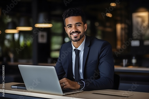 Smiling young businessman working laptop in modern office on colleagues background. Professional entrepreneur sitting in front of laptop, smiling at camera, copy space. © PrettyStock