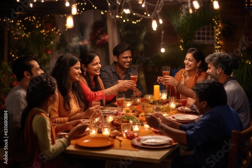 Indian Hindu family gathered together celebrating Diwali in their backyard garden