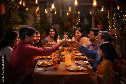 Indian Hindu family gathered together celebrating Diwali in their backyard garden