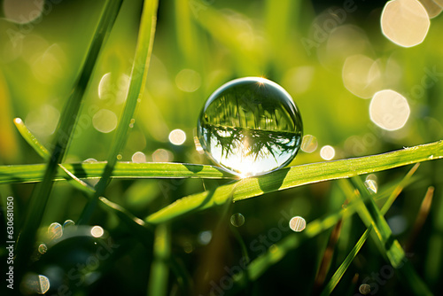 Macro Beauty: Water Drop Sparkle on Grass Blade in Sunlight, Morning Dew Artistry