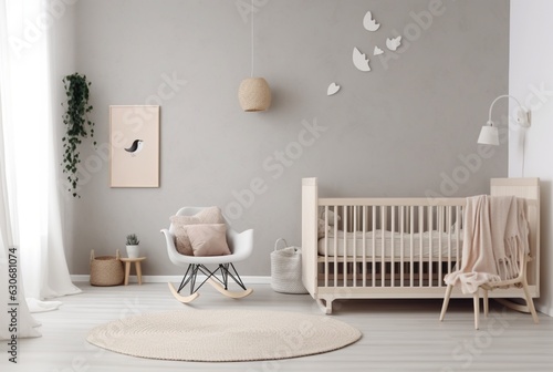 Modern baby room interior with stylish furniture and toys. generative ai