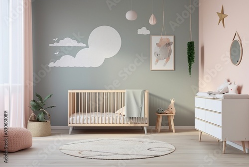 Modern baby room interior with stylish furniture and toys. generative ai photo