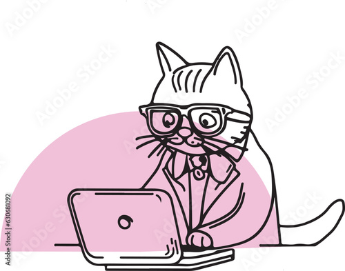 Cute Animal dog cat working on laptop line art vector illustration