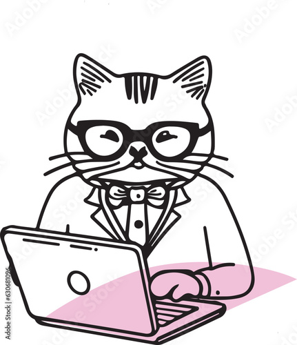 Cute Animal dog cat working on laptop line art vector illustration