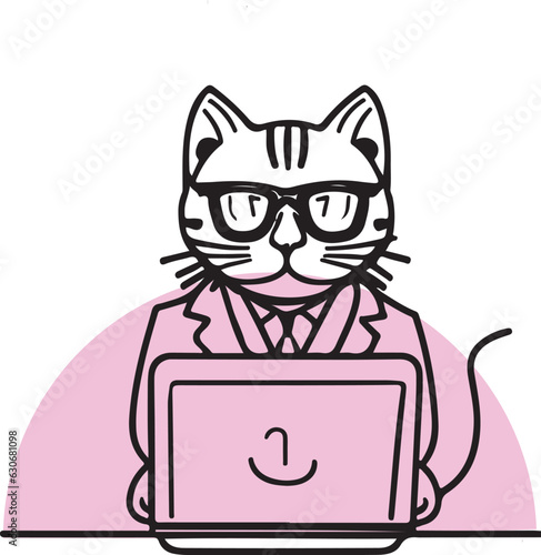 Cute Animal dog cat working on laptop line art vector illustration