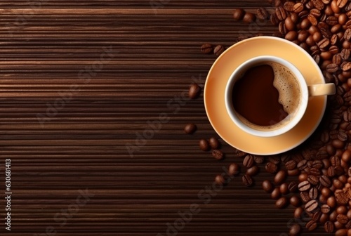 Top view of cup of coffee with coffee beans on wooden table with copy space. generative ai