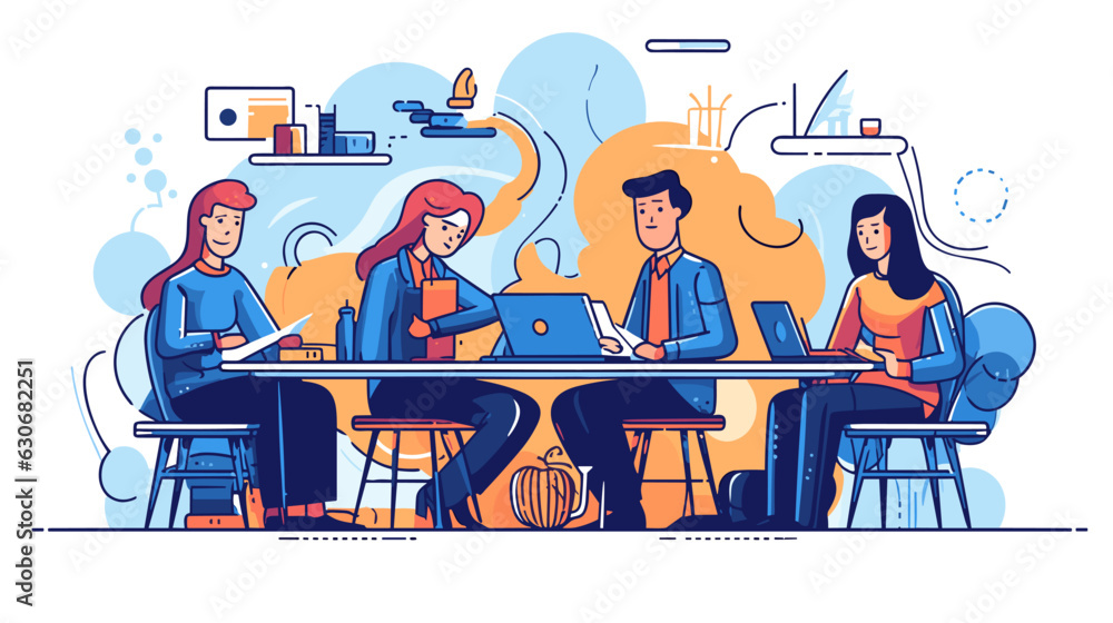 Drawing of a group of people sitting in the office flat style vector