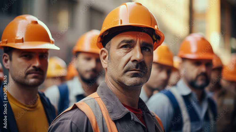 A group of construction team, Construction workers in vests and in hard hats for safety. USA Labor Day celebration. Generative AI. A group of construction team, Construction workers in vests and in hard hats for safety. USA Labor Day celebration. Generative AI.
