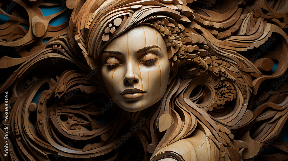 The art of woodcarving, carved image of a woman's face. picture of art design. Generative AI. The art of woodcarving, carved image of a woman's face. picture of art design. Generative AI.