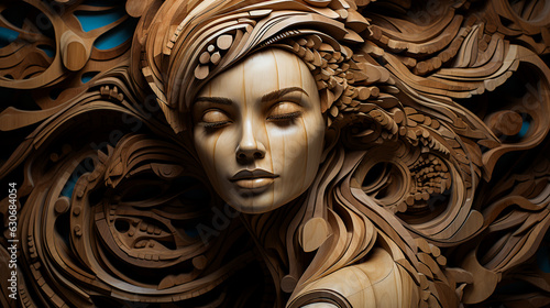 The art of woodcarving, carved image of a woman's face. picture of art design. Generative AI.