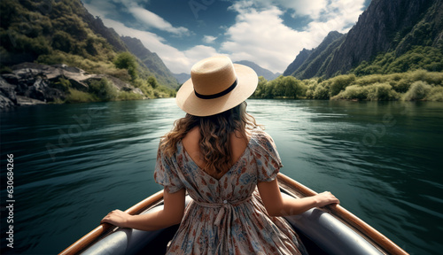 Young woman wearing hat in boat on lake with mountains. enjoy the view. Generative AI.