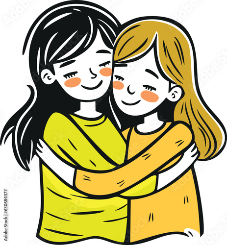 Vector drawing of two hugging girls. Isolated drawing on a white background.