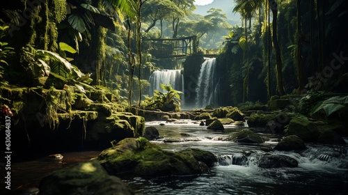 Tropical waterfall with rocks and green moss.