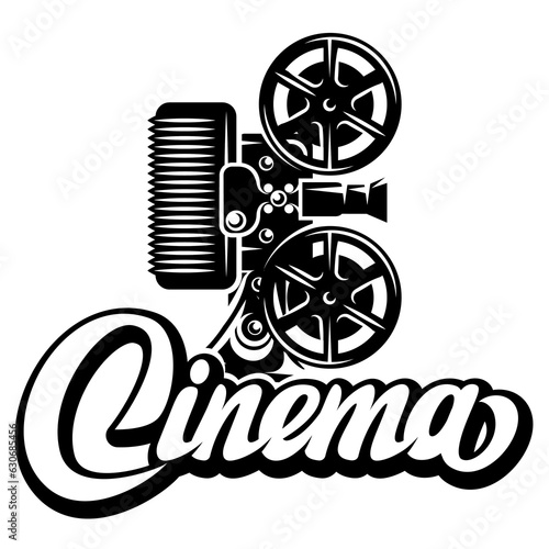 Film projector in retro style and calligraphic inscription cinema at the bottom. Vector monochrome illustration. Editable template for design