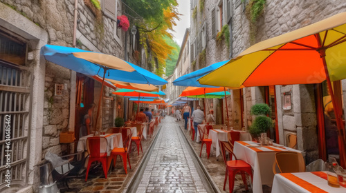 European Coffeehouse Bliss: Amidst Colorful Umbrellas © AIproduction