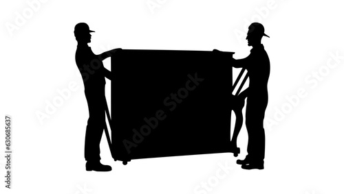 piano transportation, The silhouette of two men carrying a piano, The men are shown working together in unison, each one taking on their own share of the load.