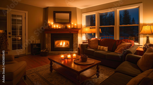 Soothing Ambiance  Warmly Lit Living Room with Fireplace