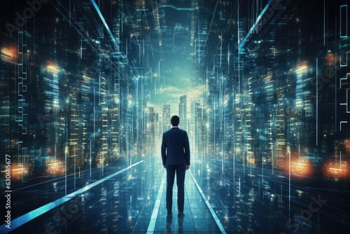 Shot of man walking Data Center, Database, Data storage, Backup, Cyber security and futuristic concept. AI Generative