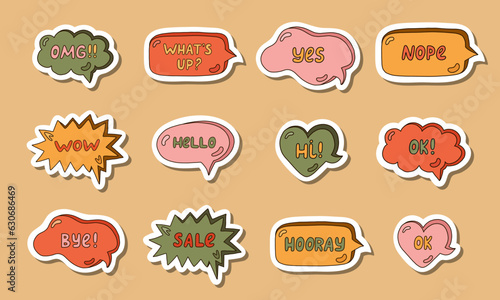 Set of stickers with trendy speech bubbles with hand drawn talk phrases in different shapes. Online chat clouds with Ok, Hello, Wow, OMG, Hi and other dialog words. Colorful doodles.