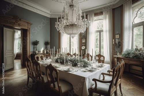 Timeless Elegance  Dining Room with Table  Upholstered Chairs  and Chandelier. Generative AI