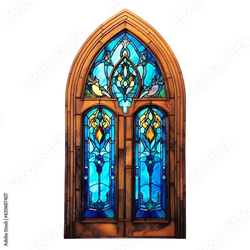 Illustration wooden stained glass door with blue glass watercolor. Generative AI, png image.