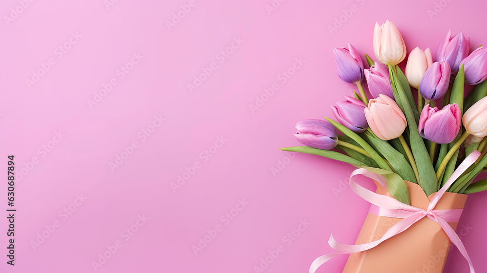 Bouquet of Tulips on Isolated Pink Backdrop