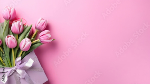 Vibrant Tulip Bouquet Surrounded by a Gift Box on Pink Background