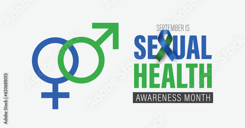 September is Sexual Health Awareness Month banner. Vector poster with gender symbols, green and blue ribbon.