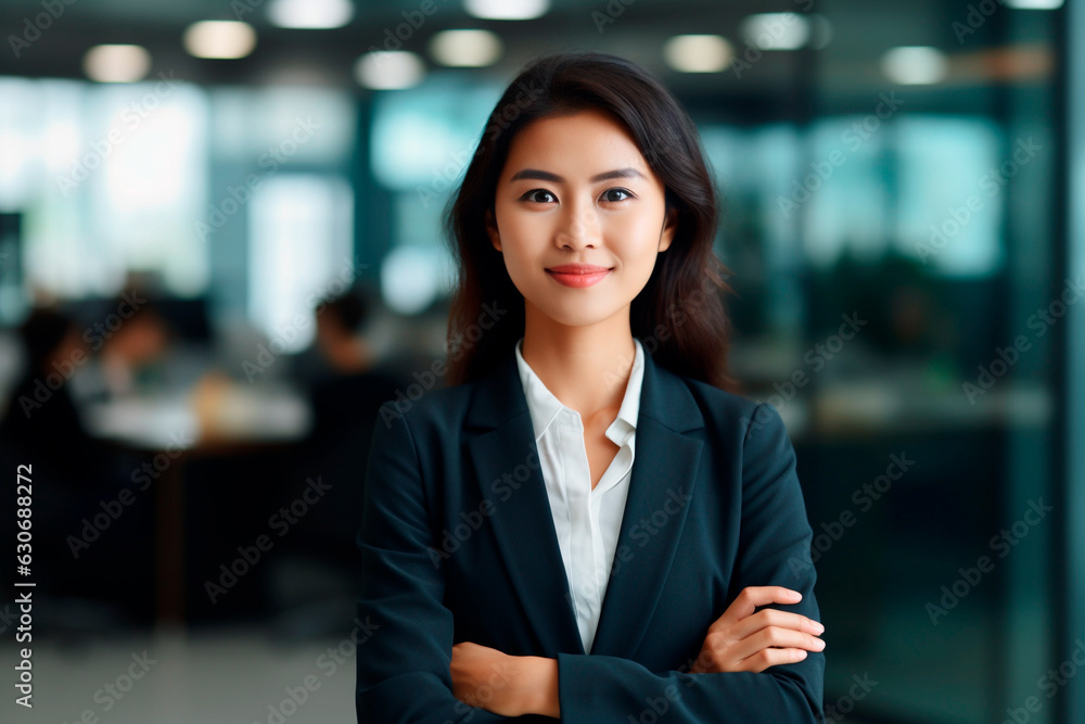 A confident, pleasant, and smiling Asian businesswoman crossing her arms on her chest.