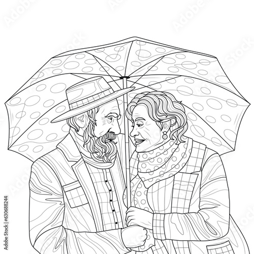 Elderly couple under an umbrella. A man and a woman.Coloring page antistress for children and adults. 