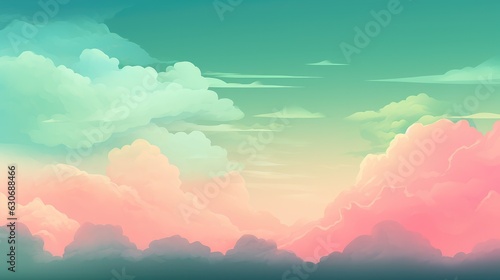 Duotone pink and green sky with clouds. Sky trendy colours banner. Metaverse background 