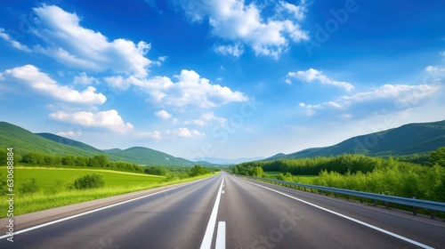 Illustration image of landscape with country road, empty asphalt road on blue cloudy sky background. Multicolor vibrant outdoors horizontal image, Generative AI illustration © AITTHIPHONG