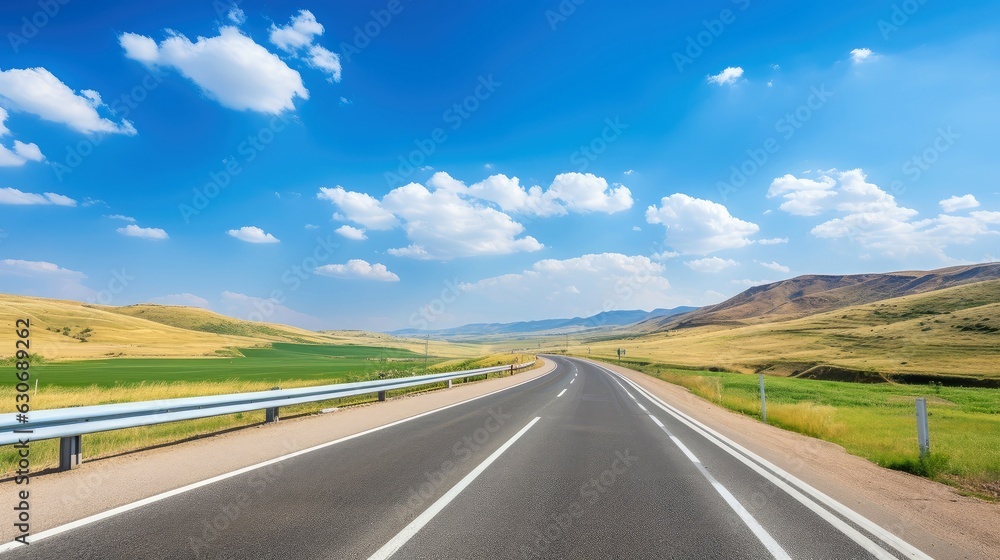 Illustration image of landscape with country road, empty asphalt road on blue cloudy sky background. Multicolor vibrant outdoors horizontal image, Generative AI illustration Illustration image of landscape with country road, empty asphalt road on blue cloudy sky background. Multicolor vibrant outdoors horizontal image, Generative AI illustration