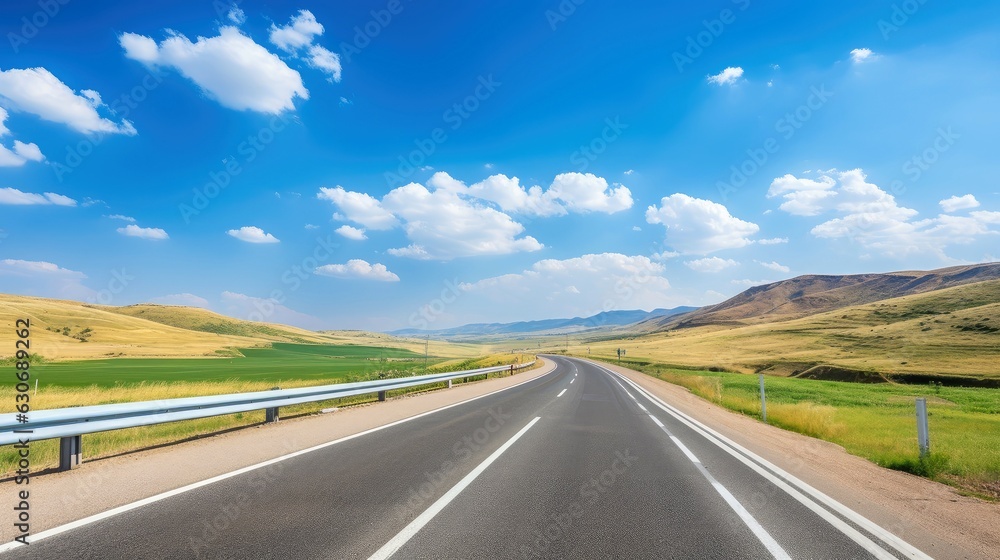 Illustration image of landscape with country road, empty asphalt road on blue cloudy sky background. Multicolor vibrant outdoors horizontal image, Generative AI illustration