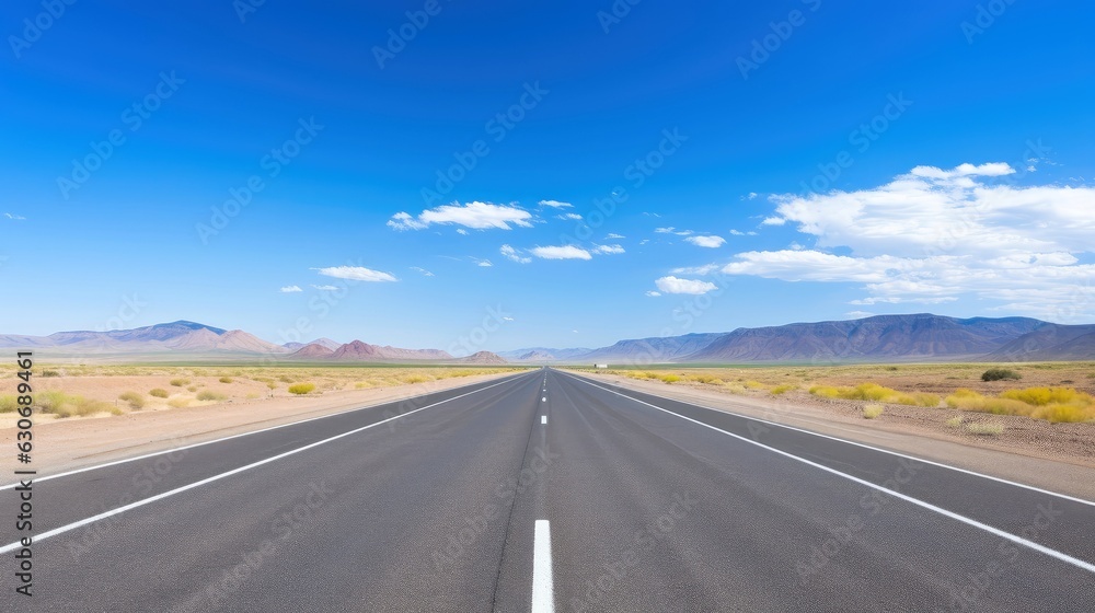 Illustration image of landscape with country road, empty asphalt road on blue cloudy sky background. Multicolor vibrant outdoors horizontal image, Generative AI illustration Illustration image of landscape with country road, empty asphalt road on blue cloudy sky background. Multicolor vibrant outdoors horizontal image, Generative AI illustration