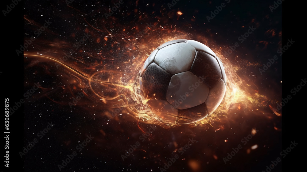 Fototapeta premium a soccer ball in the centre surrounded by sparks and fire against a black background, generative AI