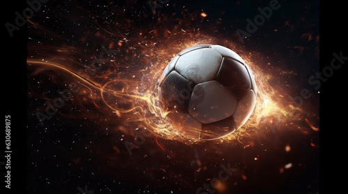 a soccer ball in the centre surrounded by sparks and fire against a black background, generative AI