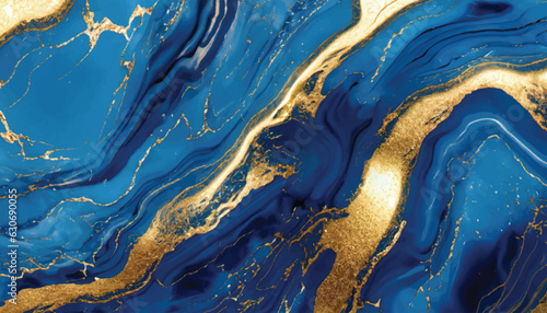 abstract blue marble background with golden veins, painted artificial marbled surface, fake stone texture, liquid paint, gold foil and glitter decor, fashion marbling illustration vector.