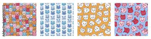 Set of simple seamless pattern with cats faces close up with different emotions. Cute print with hand drawn doodle kitten. Cute wallpaper print for trendy fabric design. Creative background.
