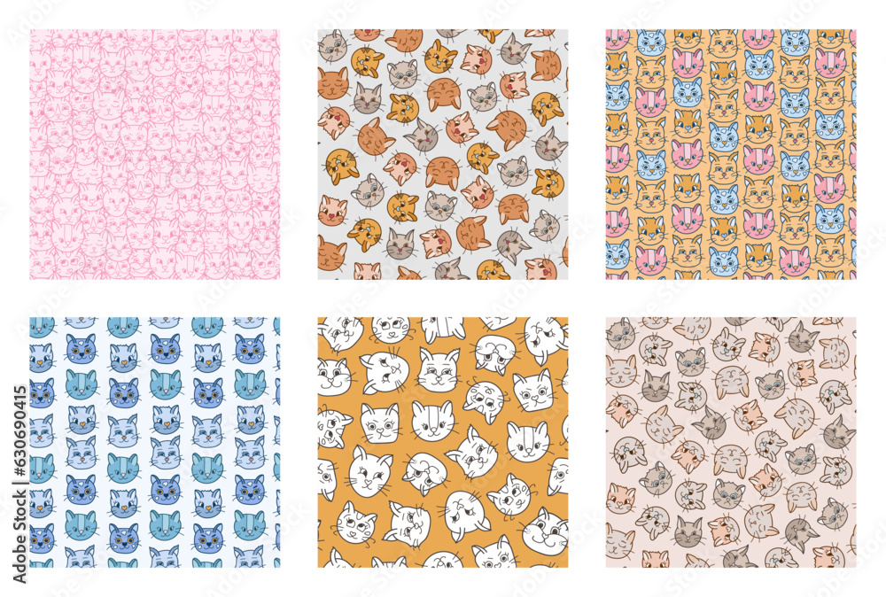 Set of simple seamless pattern with cat's faces close up with different emotions. Cute print with hand drawn doodle kitten. Cute wallpaper print for trendy fabric design. Creative background