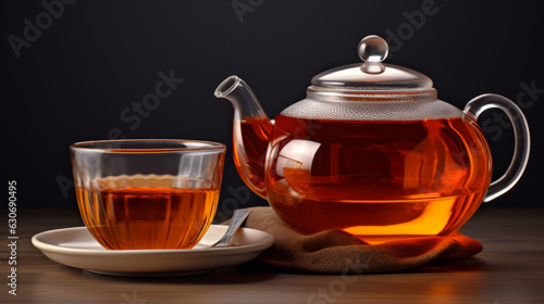 A tea pot and a cup of tea on a table