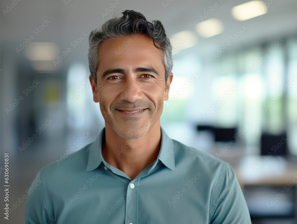 Headshot close up portrait of indian or latin confident mature good looking middle age leader, ceo male businessman on blur office background. Handsome hispanic senior business man smiling at camera.