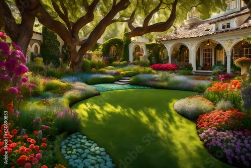 A breathtaking lawn design gracefully embraces a charming house, transforming the surroundings into a botanical wonderland