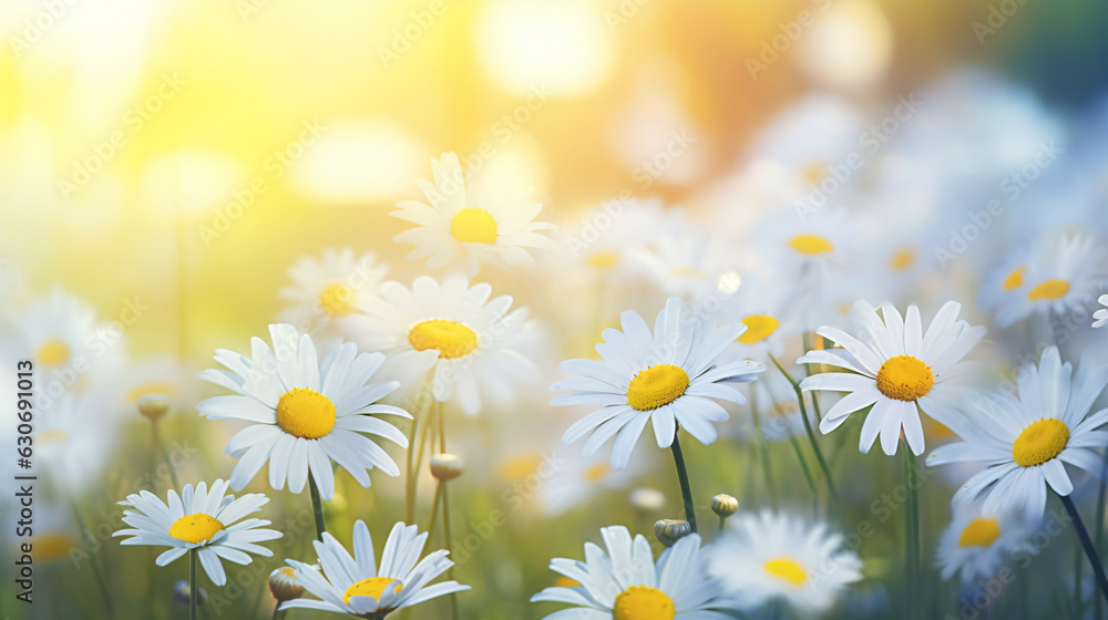 Wild Chamomile Flowers in Nature: Soft Focus and Bokeh, Floral Summer Spring Background