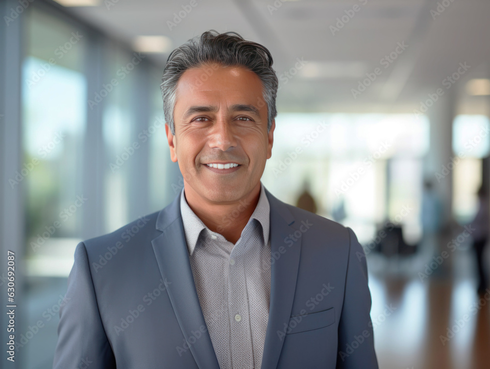 Headshot close up portrait of indian or latin confident mature good looking middle age leader, ceo male businessman on blur office background. Handsome hispanic senior business man smiling at camera. Headshot close up portrait of indian or latin confident mature good looking middle age leader, ceo male businessman on blur office background. Handsome hispanic senior business man smiling at camera.