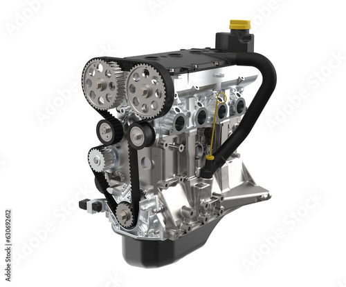 Car engine with timing belt. Detailed view with car engine. Timing belt is used to synchronize the rotation of the crankshaft and the camshaft.