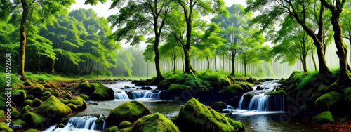 Beautiful Trees In The Foggy Morning Forest Landscape With River For Background