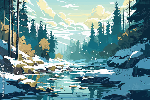 Beautiful winter landscape with rivers, trees, and mountains in the background illustrated with pastel colors. watercolor hand-painted vector art painting illustration
