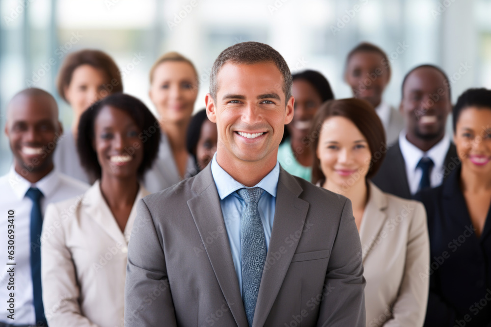 A group of people in business attire. hey are standing in a row, with one person in the center wearing a gray suit and tie. The background is a modern office with large windows and a city view A group of people in business attire. hey are standing in a row, with one person in the center wearing a gray suit and tie. The background is a modern office with large windows and a city view